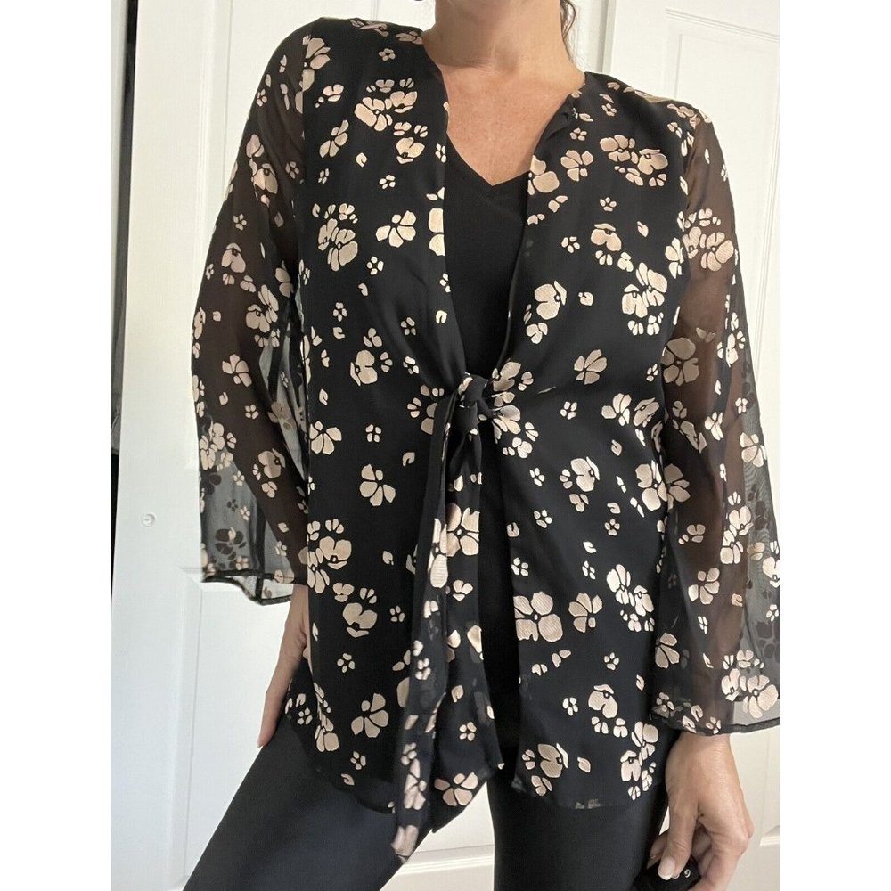 L'Academie Black & Gold Floral Open Front Kimono Blouse Small